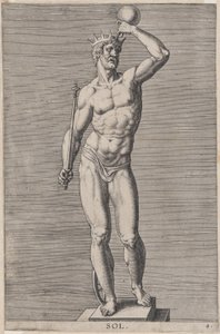 Apollon, statue du dieu nu debout sur un socle, portant une couronne et tenant un..., 1586 - Philip Galle