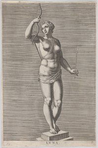 Diane, statue de la déesse nue debout sur un socle, portant un croissant de lune, 1586 - Philip Galle