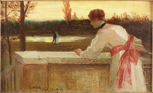 Fille sur un balcon regardant un couple près d