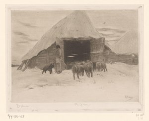 Berger menant un troupeau de moutons dans une grange (Grange dans la neige)
