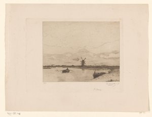 Canal avec barque dans un paysage de prairie avec moulin - Philip Zilcken (signed by artist)