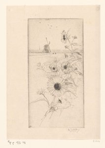 Tournesols devant un paysage de prairie avec chevaux et moulin