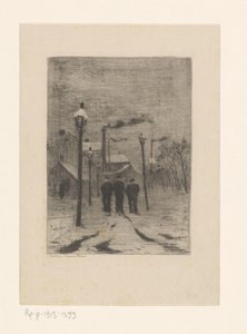 Trois ouvriers marchant dans une rue de village enneigée - Philip Zilcken