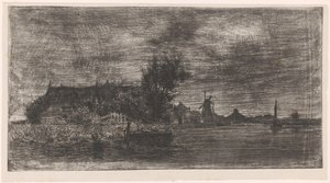 Paysage avec maisons et moulin au bord de l