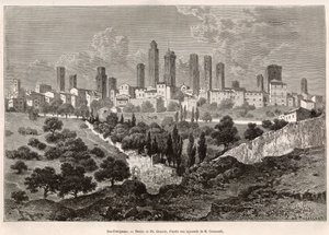 Vue de San Gimignano (Toscane, Italie). Gravure d