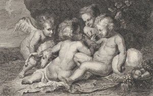 Un groupe de trois enfants et un putto avec des fruits et un agneau
