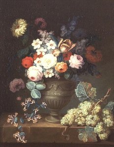 Nature morte de fleurs dans un vase classique avec une grappe de raisins - Philippe Parpette