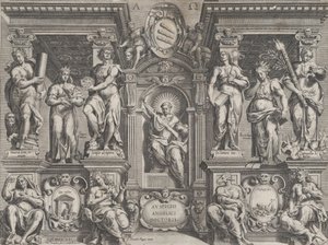 Thèse allégorique avec diverses figures, dans une structure architecturale, 1608