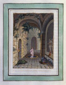 Chloé se lave dans la fontaine des nymphes en présence de Daphnis. Dessin de Philippe d