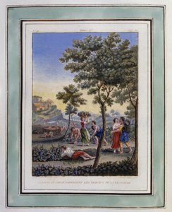 Daphnis et Chloé partagent les travaux de la vendange. Dessin de Philippe d
