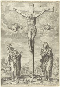 Christ en croix flanqué de Marie et Jean dans un paysage - Philippe de Soye