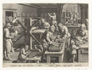 Production de gravures sur cuivre (Scvlptvra in aes, Nieuwe uitvindingen en ontdekkingen, Nova Reperta) - Philips Galle (attributed to workshop of)