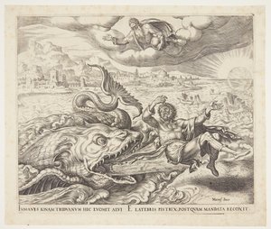 Jonas rejeté sur le rivage par la baleine - Philips Galle