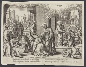 Saint Pierre, Saint Jean et Saint Philippe imposant les mains aux baptisés à Samarie - Philips Galle