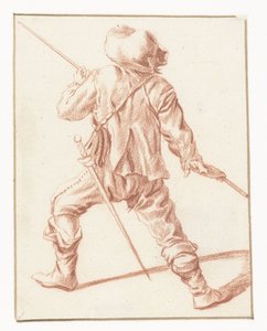 Homme combattant avec une lance, vu de dos