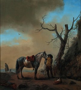 Paysage avec un cheval blanc et un cavalier démonté, vers 1647