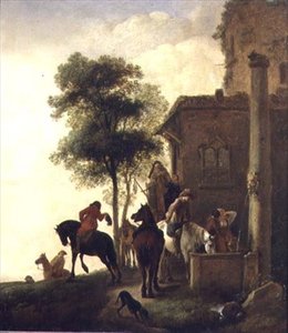 Voyageurs abreuvant leurs chevaux devant une auberge - Philips Wouwermans or Wouwerman