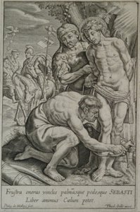 Saint Sébastien est attaché à un arbre par deux soldats - Philips van Mallery