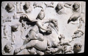 Antiquités orientales : Mithra tuant le taureau (provenant du Mithraeum de Sidon). Bas-relief en marbre de Sayda, 2e-3e siècle (période gréco-romaine, royaume phénicien). Paris, Musée du Louvre - Phoenician Phoenician