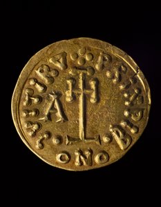 Solidus du prince Arechi, verso, pièces lombardes, VIIIe siècle