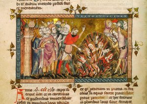 Brûlement des Juifs en 1349. Miniature de : Tractatus quartus par Gilles de Muisit - Pierart dou Tielt