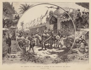 Le carnaval de Nice, bataille de fleurs sur la Promenade des Anglais (gravure) - Pierra Comba