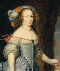 Portrait de Françoise Anthénaïs de Rochechouart de Mortemart, marquise de Montespan (1640-1707), mi-longueur, en Diane, portant une coiffe à plumes et tenant un arc dans sa main gauche - Pierre (circle of) Mignard