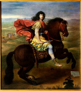 Portrait équestre de Louis XIV (âgé de 37 ans). Le roi de France Louis XV, connu sous le nom de Le Bien-Aimé (1710-1774), représenté en armure, chaussures de sandale et tenant un bâton bleu avec des fleurs de lys