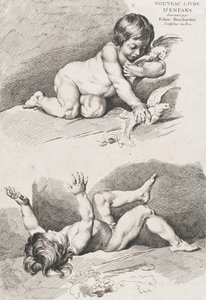 Deux enfants nus jouant avec une feuille, du Nouveau Livre des Enfants, 1720-60