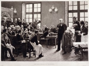 Une leçon clinique par le Dr Charcot à la Salpêtrière en 1887. Étudiants du département du professeur Jean Martin Charcot qui explique le cas de Blanche Wittman, sa patiente et cobaye préférée pour ses recherches sur l