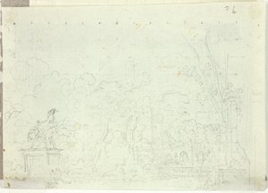 Vue du parc de Versailles : Statue équestre parmi les arbres