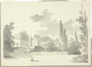 Vue du parc de Versailles : Escalier de la terrasse avec temple et colonne