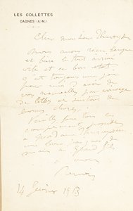 Lettre autographe signée à Dr. Fritz Thurneyssen, Paris et Les Collettes, 24 juin 1908 - Pierre Auguste Renoir