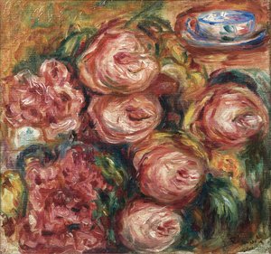 Composition avec des roses et une tasse de thé