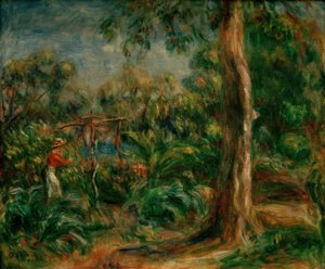 Le grand arbre. Femme au corsage rouge dans le jardin de Ca - Pierre Auguste Renoir