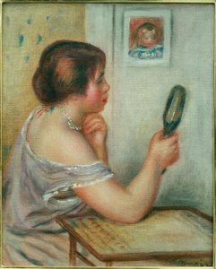 Marie Dupuis tenant un miroir avec un portrait de Coco - Pierre Auguste Renoir