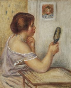 Marie Dupuis tenant un miroir avec un portrait de Coco - Pierre Auguste Renoir