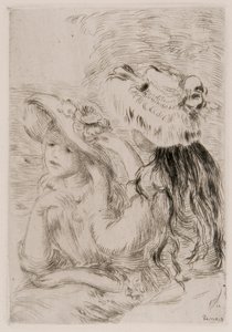 Deux jeunes filles épinglant des fleurs sur leurs chapeaux, vers 1897