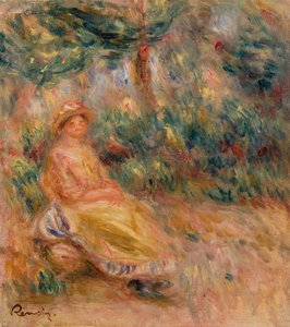 Femme en rose et jaune dans un paysage