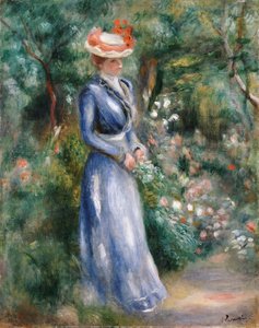 Femme en robe bleue debout dans le jardin à Saint-Cloud - Pierre Auguste Renoir