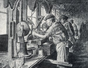 Atelier de découpe à la manufacture de verre cristal à Sèvres près de Paris Gravure tirée de 