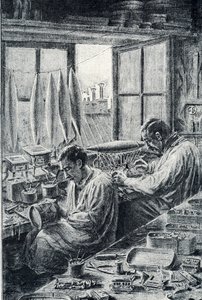 Ouvriers parisiens fabriquant des jouets gravure de Pierre Calmette Collection privée