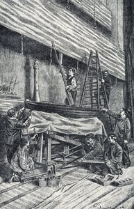Maîtres de propriété : installation des décors avant la représentation Gravure de « Excursion à travers les métiers » par Pierre Calmette Collection privée - Pierre Calmettes