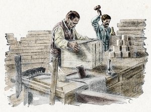 Savonnerie: le découpage des pains de savon, gravure de «Excursion à travers les métiers» de Pierre Calmette, collection privée