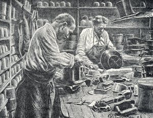 Manufacture de chapeaux haut de forme en soie Gravure de Pierre Calmette Collection privée