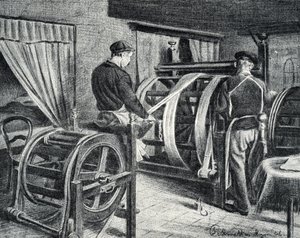 Travail de la soie: déroulage de la soie gravure de « Excursion à travers les métiers » par Pierre Calmette Collection privée - Pierre Calmettes