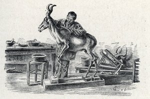 Taxidermie : un taxidermiste empaillant un bubale dans son atelier, gravure de « Excursion à travers les métiers » par Pierre Calmette, collection privée - Pierre Calmettes