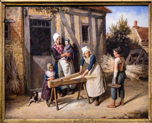 La famille du fermier (Paysans occupés à préparer le chanvre devant la porte d