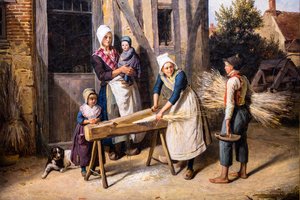 La famille du fermier (Paysans occupés à préparer le chanvre devant la porte d