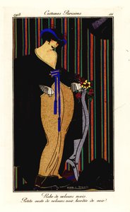Femme en robe de velours jaune maïs avec gilet noir - Pierre E. Legrain